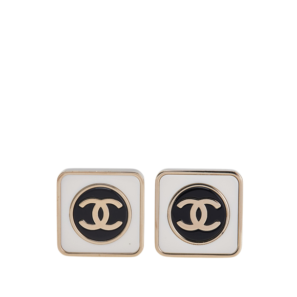 Pre-Loved Chanel Silver Plated Enamel CC Square Push Back Earrings - Picture 1 of 3